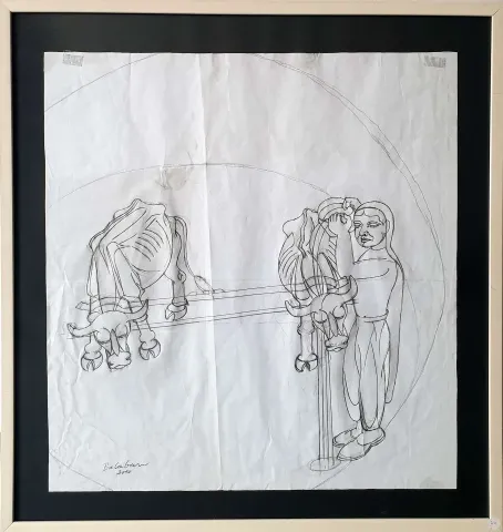 "Harman" eseri İBRAHİM BALABAN tarafından 2010 yılında 64x60 cm ölçülerinde Kağıt üzeri karakalem tekniği ile yapılmıştır.