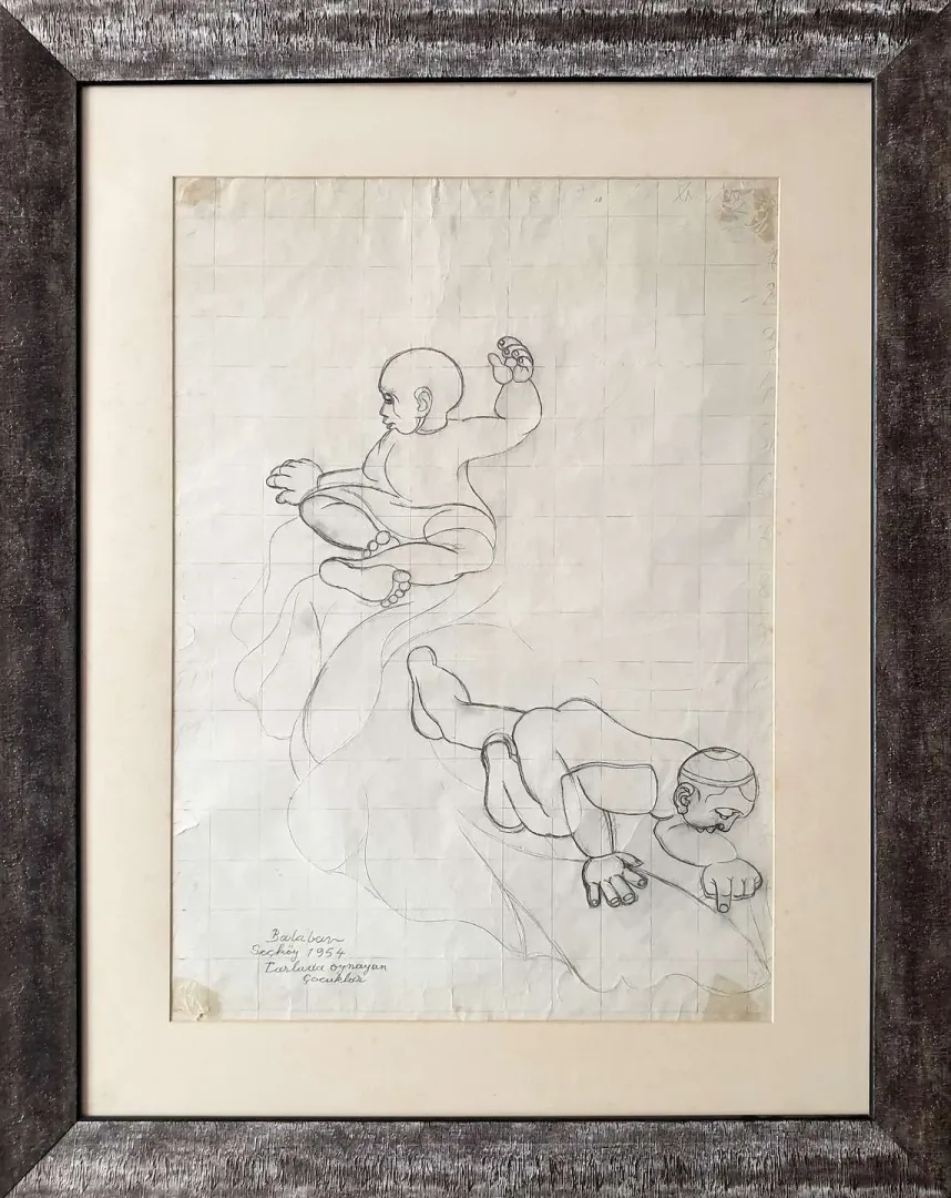 yakınlaştır "Tarlada Oynayan Çocuklar" eseri İBRAHİM BALABAN tarafından 1954 yılında 68x49 cm ölçülerinde Kağıt üzeri karakalem tekniği ile yapılmıştır.