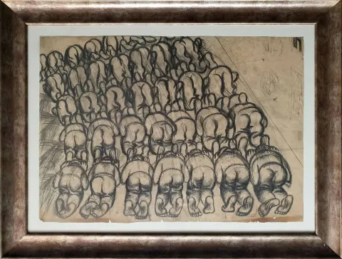 "Namaz Kılanlar" eseri İBRAHİM BALABAN tarafından 1950 yılında 60x85 cm ölçülerinde Kağıt üzeri karakalem tekniği ile yapılmıştır.