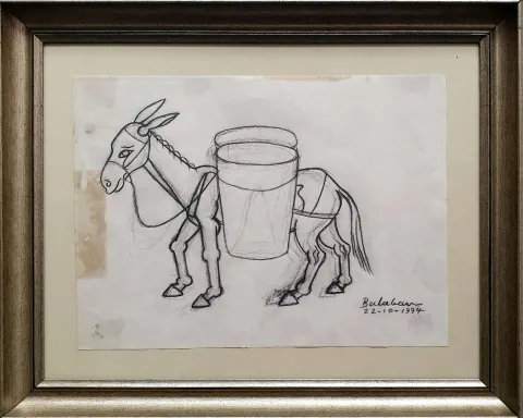 "Eşek" eseri İBRAHİM BALABAN tarafından 1994 yılında 25x35 cm ölçülerinde Kağıt üzeri karakalem tekniği ile yapılmıştır.