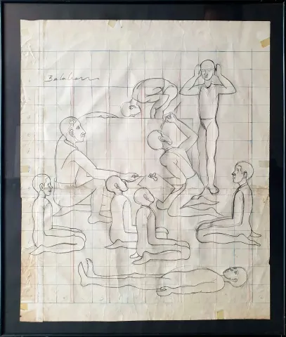 İBRAHİM BALABAN — “Damdakiler”, 1960 "Damdakiler" eseri İBRAHİM BALABAN tarafından 1960 yılında 50x42 cm ölçülerinde Kağıt üzeri karakalem tekniği ile yapılmıştır.