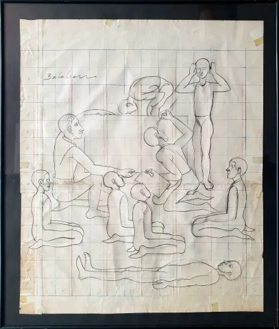 "Damdakiler" eseri İBRAHİM BALABAN tarafından 1960 yılında 50x42 cm ölçülerinde Kağıt üzeri karakalem tekniği ile yapılmıştır.