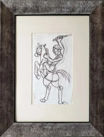 "Atlı" eseri İBRAHİM BALABAN tarafından 2010 yılında 33x19 cm ölçülerinde Kağıt üzeri karakalem tekniği ile yapılmıştır.