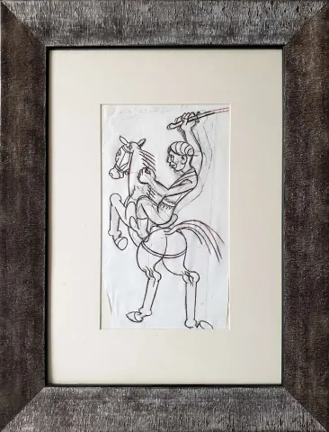 "Atlı" eseri İBRAHİM BALABAN tarafından 2010 yılında 33x19 cm ölçülerinde Kağıt üzeri karakalem tekniği ile yapılmıştır.