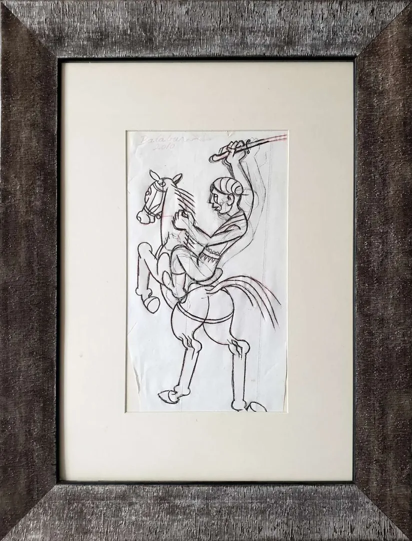 yakınlaştır "Atlı" eseri İBRAHİM BALABAN tarafından 2010 yılında 33x19 cm ölçülerinde Kağıt üzeri karakalem tekniği ile yapılmıştır.
