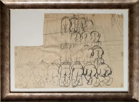 "Namaz Kılanlar" eseri İBRAHİM BALABAN tarafından 1950 yılında 62x90 cm ölçülerinde Kağıt üzeri karakalem tekniği ile yapılmıştır.