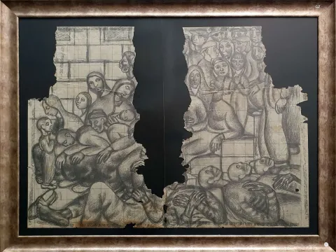 "Hastanenin Önü" eseri İBRAHİM BALABAN tarafından 90x125 cm ölçülerinde Kağıt üzeri karakalem tekniği ile yapılmıştır.