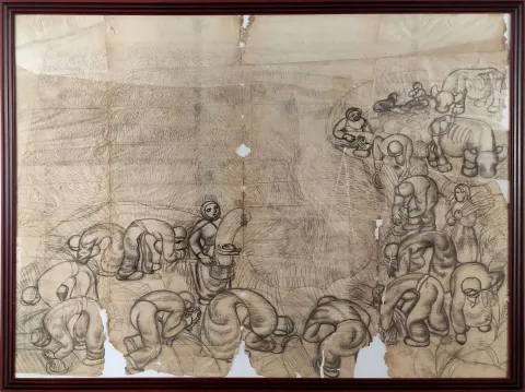 "Ekin Biçenler" eseri İBRAHİM BALABAN tarafından 1955 yılında 202x278 cm ölçülerinde Kağıt üzeri karakalem tekniği ile yapılmıştır.