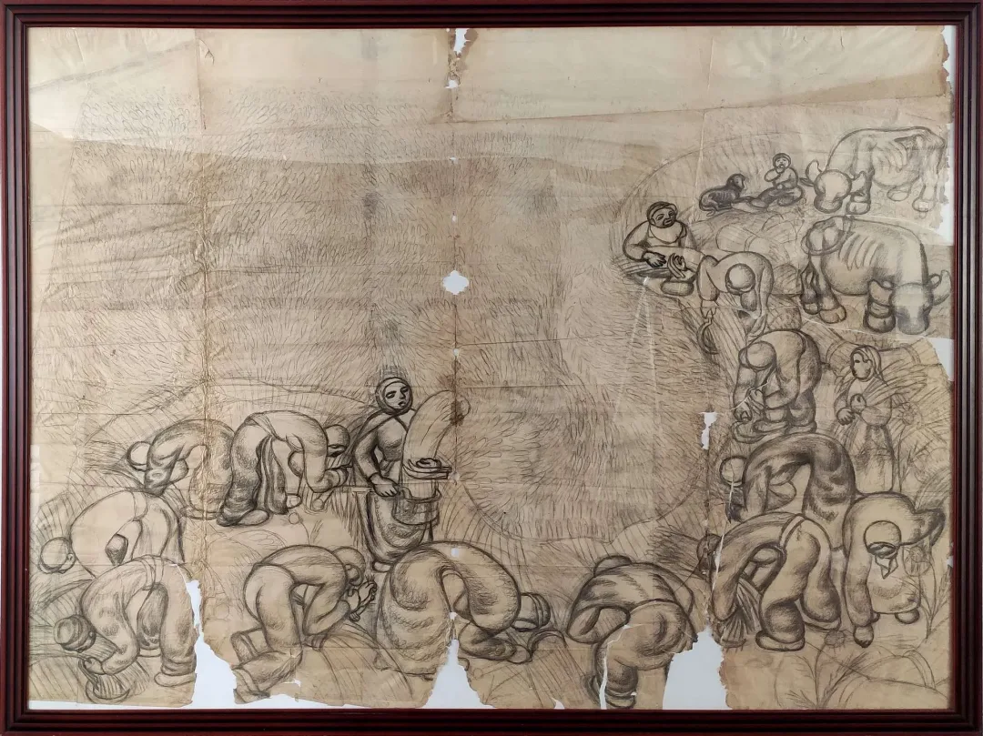 "Ekin Biçenler" eseri İBRAHİM BALABAN tarafından 1955 yılında 202x278 cm ölçülerinde Kağıt üzeri karakalem tekniği ile yapılmıştır.