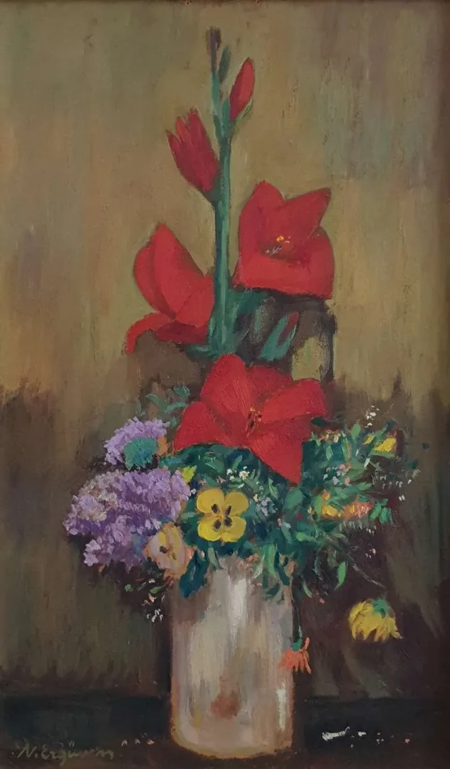 "İsimsiz" eseri NURETTİN ERGÜVEN tarafından 55x38 cm ölçülerinde Duralit üzeri yağlı boya tekniği ile yapılmıştır.