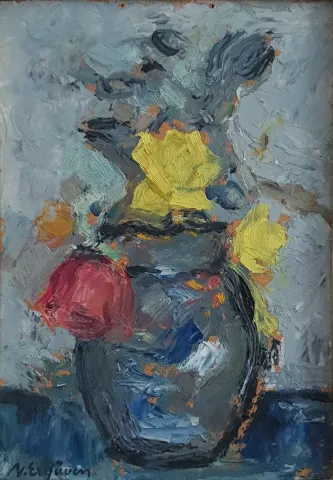 "İsimsiz" eseri NURETTİN ERGÜVEN tarafından 27x19 cm ölçülerinde Duralit üzeri yağlı boya tekniği ile yapılmıştır.