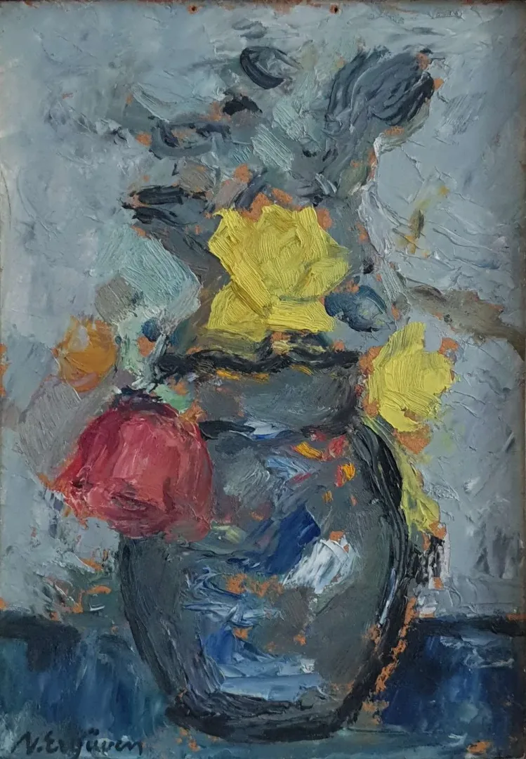 "İsimsiz" eseri NURETTİN ERGÜVEN tarafından 27x19 cm ölçülerinde Duralit üzeri yağlı boya tekniği ile yapılmıştır.