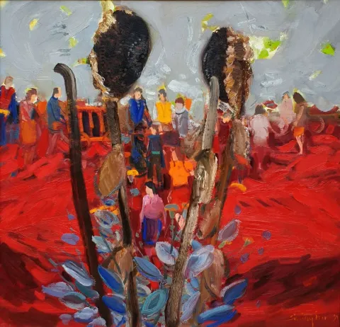 SÖBÜTAY ÖZER — “İsimsiz”, 1993 "İsimsiz" eseri SÖBÜTAY ÖZER tarafından 1993 yılında 70x70 cm ölçülerinde Tuval üzeri yağlı boya tekniği ile yapılmıştır.