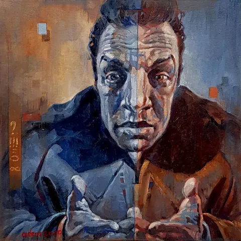 "A. Camus, İzah" eseri ADEM BAŞPINAR tarafından 2020 yılında 25x25 cm ölçülerinde Tuval üzeri akrilik boya tekniği ile yapılmıştır.