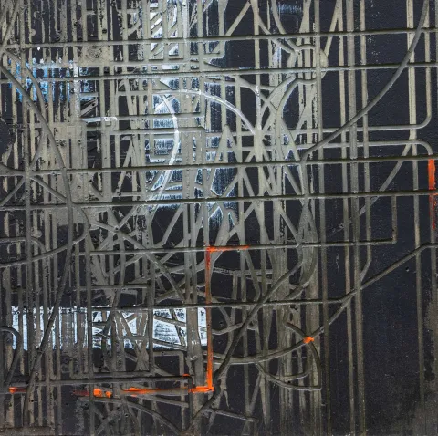 "Karatahta" eseri ALİ ERTUĞRUL KÜPELİ tarafından 2021 yılında 44x44 cm ölçülerinde MDF üzeri karışık teknik tekniği ile yapılmıştır.