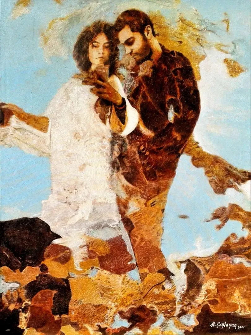 yakınlaştır "Ben Sende Tutuklu Kaldım" eseri HASAN ÇAĞLAYAN tarafından 2021 yılında 80x60 cm ölçülerinde Tuval üzeri fresco ve akrilik boya tekniği ile yapılmıştır.