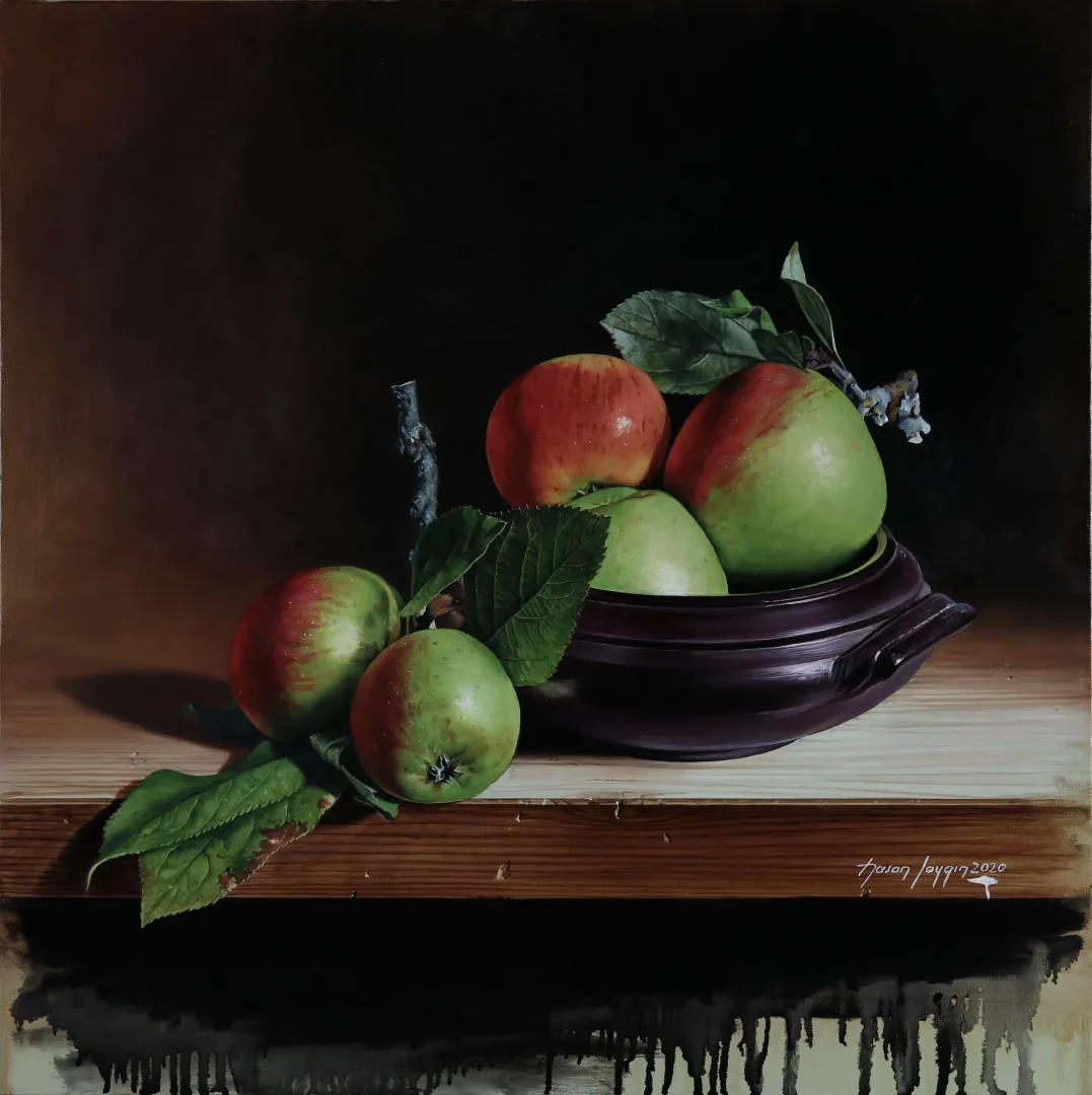 HASAN SAYGIN — “Elmalar”, 2020 "Elmalar" eseri HASAN SAYGIN tarafından 2020 yılında 50x50 cm ölçülerinde Tuval üzeri yağlı boya tekniği ile yapılmıştır.