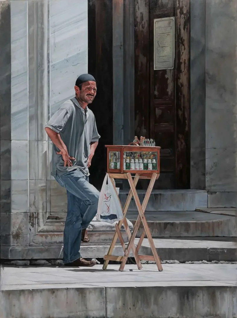 HASAN SAYGIN — “Cami Önü”, 2021 "Cami Önü" eseri HASAN SAYGIN tarafından 2021 yılında 130x97 cm ölçülerinde Tuval üzeri yağlı boya tekniği ile yapılmıştır.