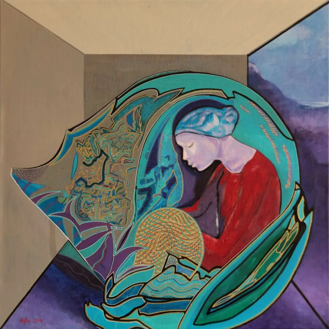 "Kırmızılı Kız" eseri NECMETTİN ÖZLÜ tarafından 60x60 cm ölçülerinde Tuval üzeri akrilik boya tekniği ile yapılmıştır.