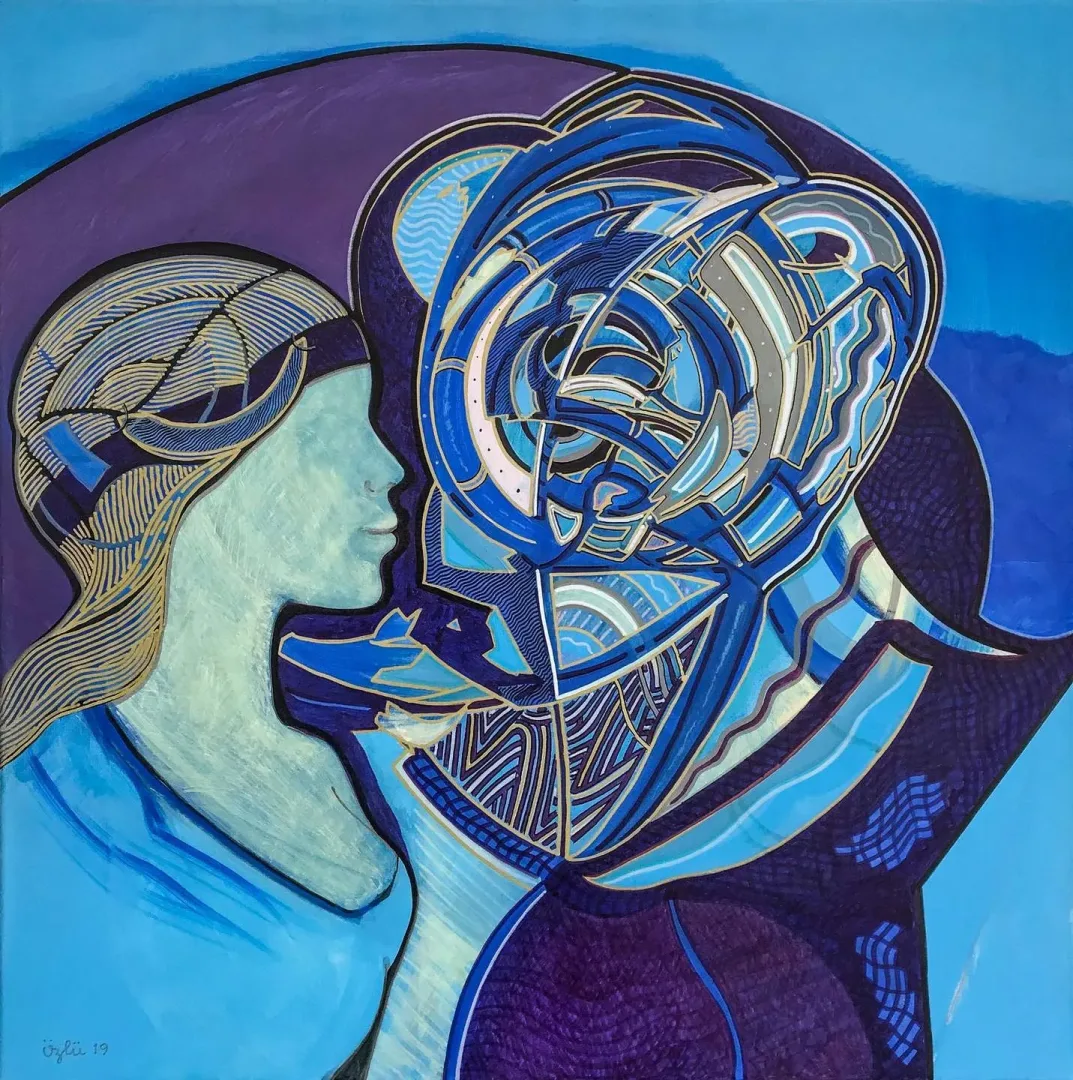 "Genç Kız ve Sarmal" eseri NECMETTİN ÖZLÜ tarafından 60x60 cm ölçülerinde Tuval üzeri akrilik boya tekniği ile yapılmıştır.
