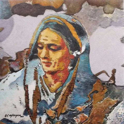 "Biçare -1" eseri HASAN ÇAĞLAYAN tarafından 2021 yılında 60x60 cm ölçülerinde Tuval üzeri fresco tekniği ile yapılmıştır.