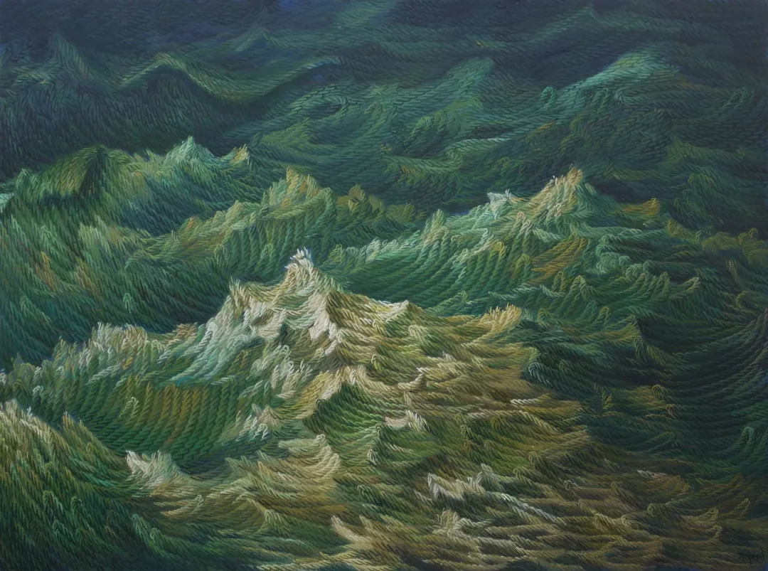 "Deli dalgalar" eseri AHMET YEŞİL tarafından 90x120 cm ölçülerinde Tuval üzeri yağlı boya tekniği ile yapılmıştır.