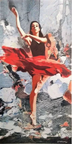 "Gülpembe -2" eseri HASAN ÇAĞLAYAN tarafından 2021 yılında 150x75 cm ölçülerinde Tuval üzeri fresco tekniği ile yapılmıştır.