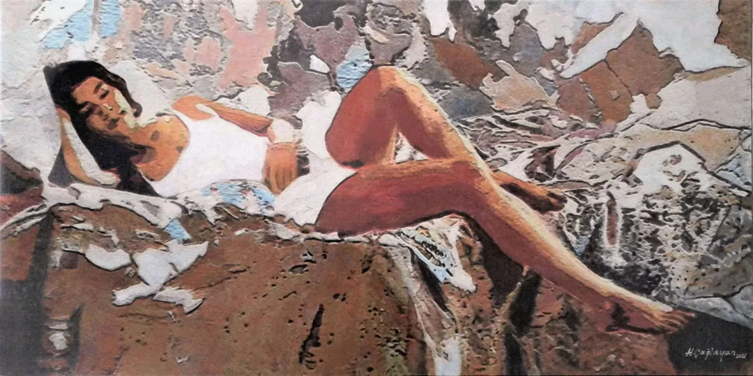 yakınlaştır "Gülpembe -3" eseri HASAN ÇAĞLAYAN tarafından 2021 yılında 70x140 cm ölçülerinde Tuval üzeri fresco tekniği ile yapılmıştır.