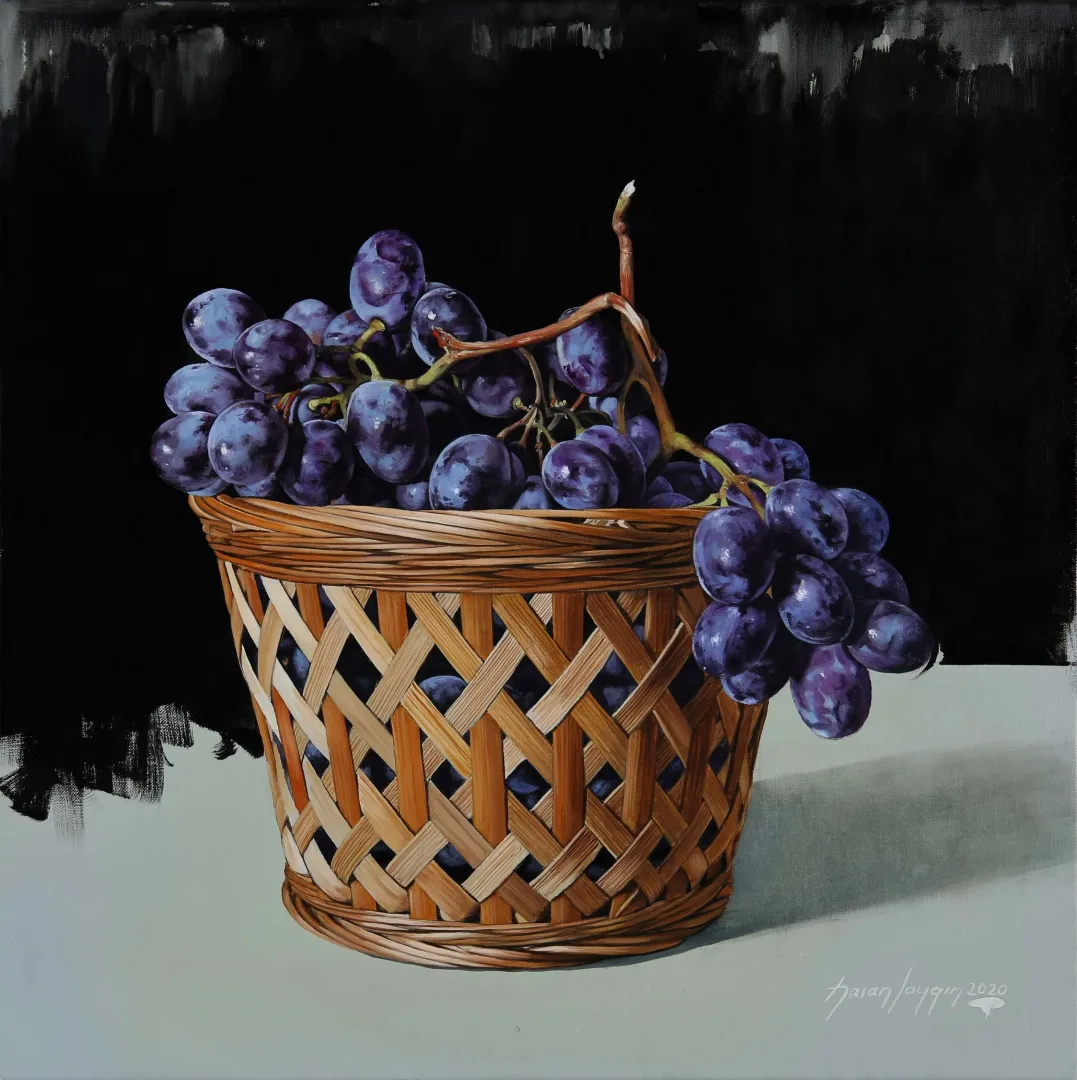 yakınlaştır "Sepetteki üzümler" eseri HASAN SAYGIN tarafından 40x40 cm ölçülerinde Tuval üzeri yağlı boya tekniği ile yapılmıştır.