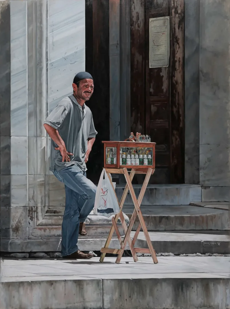 HASAN SAYGIN — “Cami önü” "Cami önü" eseri HASAN SAYGIN tarafından 130x97 cm ölçülerinde Tuval üzeri yağlı boya tekniği ile yapılmıştır.