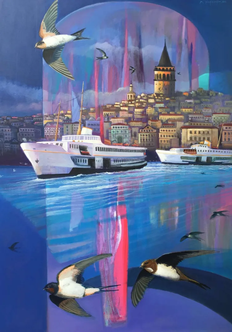 yakınlaştır "Galatanın Kuşları" eseri KADİR ŞİŞGİNOĞLU tarafından 2021 yılında 100x70 cm ölçülerinde Tuval üzeri akrilik boya tekniği ile yapılmıştır.