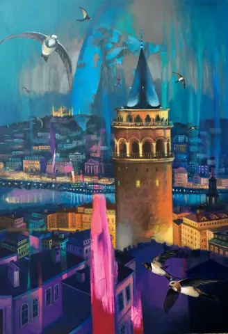 KADİR ŞİŞGİNOĞLU — “Galatanın Kuşları”, 2021 "Galatanın Kuşları" eseri KADİR ŞİŞGİNOĞLU tarafından 2021 yılında 100x70 cm ölçülerinde Tuval üzeri akrilik boya tekniği ile yapılmıştır.