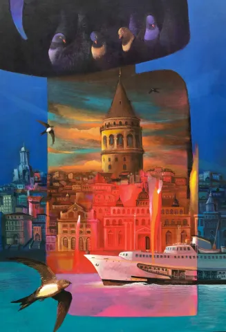 KADİR ŞİŞGİNOĞLU — “Galatanın Kuşları”, 2021 "Galatanın Kuşları" eseri KADİR ŞİŞGİNOĞLU tarafından 2021 yılında 100x70 cm ölçülerinde Tuval üzeri akrilik boya tekniği ile yapılmıştır.