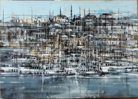 "Boğazda Gemiler" eseri AYHAN ÇETİN tarafından 2021 yılında 50x70 cm ölçülerinde Tuval üzeri akrilik boya tekniği ile yapılmıştır.