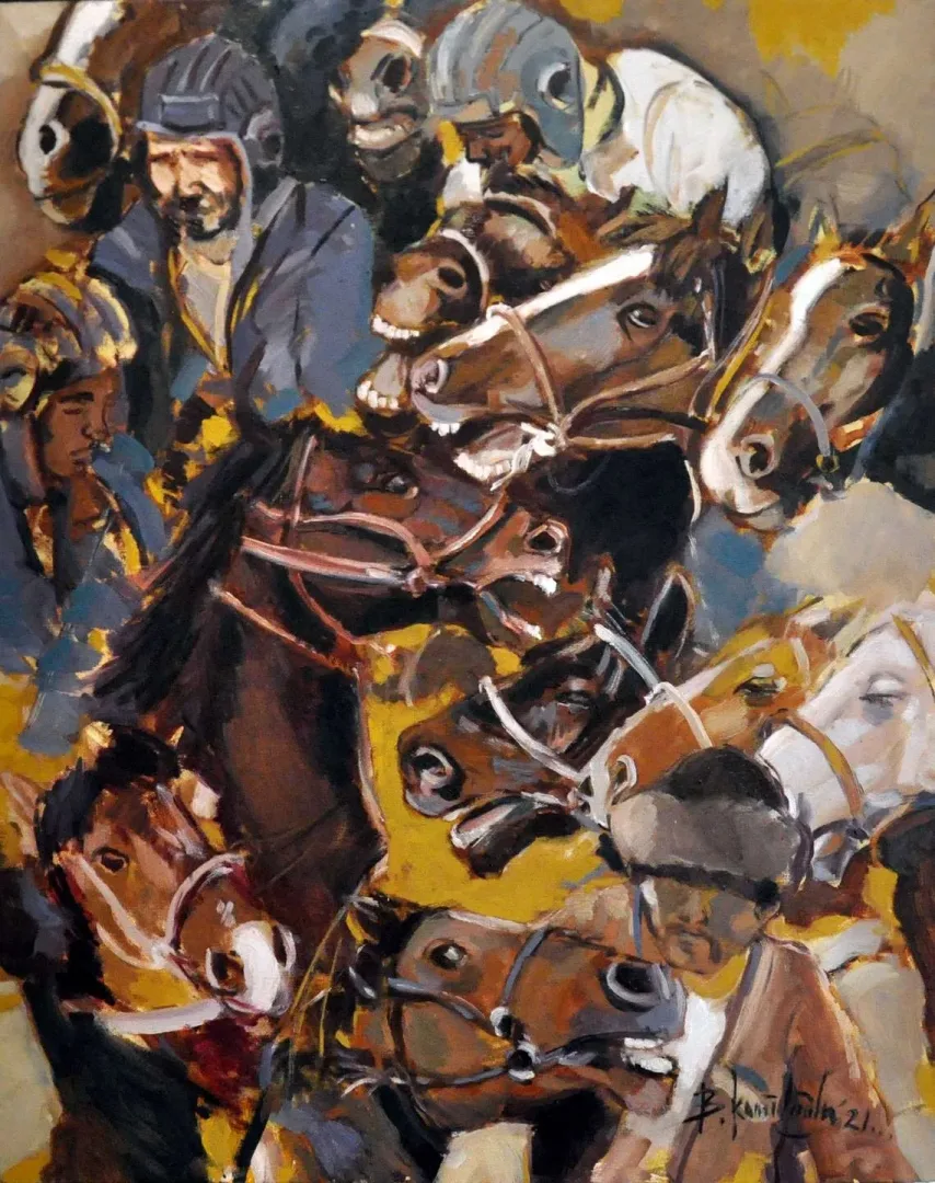yakınlaştır "Buzkashi" eseri BARAN KAMİLOĞLU tarafından 2021 yılında 100x80 cm ölçülerinde Tuval üzeri yağlı boya tekniği ile yapılmıştır.