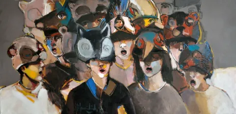 BARAN KAMİLOĞLU — “Maskeli Koro”, 2021 "Maskeli Koro" eseri BARAN KAMİLOĞLU tarafından 2021 yılında 70x140 cm ölçülerinde Tuval üzeri yağlı boya tekniği ile yapılmıştır.