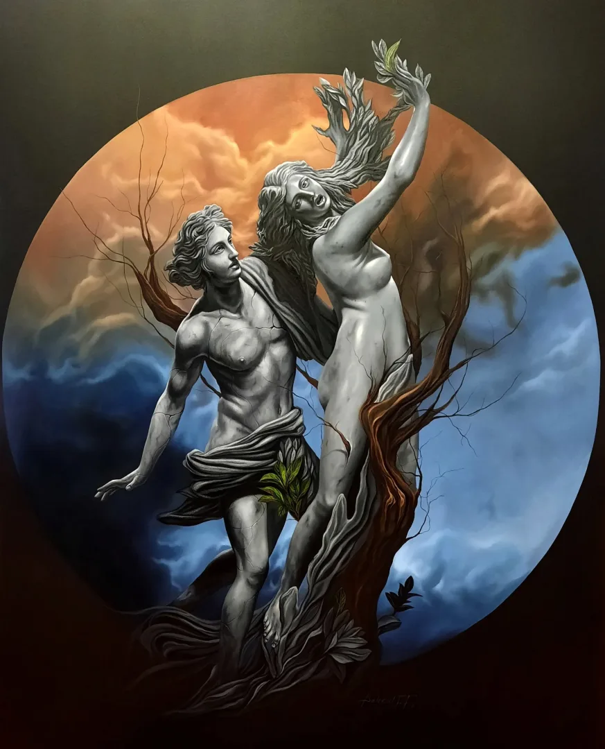 "Apollon &amp; Daphne" eseri BEHZAT FEYZULLAH tarafından 2021 yılında 150x120 cm ölçülerinde Tuval üzeri yağlı boya tekniği ile yapılmıştır.