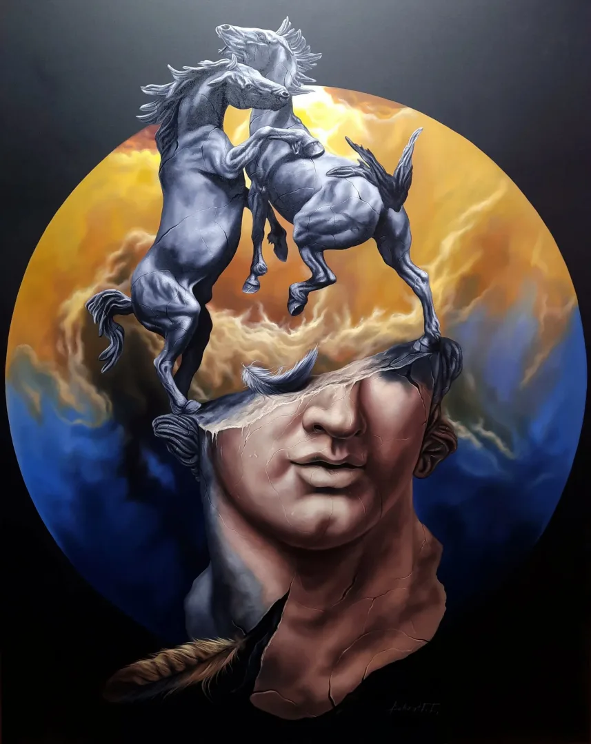 yakınlaştır "Meta Roman ( Düşsel Benlik )" eseri BEHZAT FEYZULLAH tarafından 2021 yılında 150x120 cm ölçülerinde Tuval üzeri yağlı boya tekniği ile yapılmıştır.
