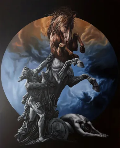 "Truva ( Achilles & Briseis )" eseri BEHZAT FEYZULLAH tarafından 2021 yılında 150x120 cm ölçülerinde Tuval üzeri yağlı boya tekniği ile yapılmıştır.