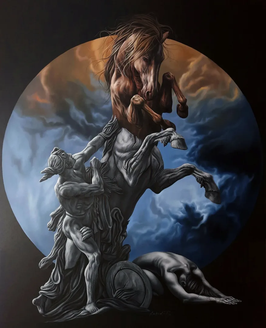 yakınlaştır "Truva ( Achilles & Briseis )" eseri BEHZAT FEYZULLAH tarafından 2021 yılında 150x120 cm ölçülerinde Tuval üzeri yağlı boya tekniği ile yapılmıştır.