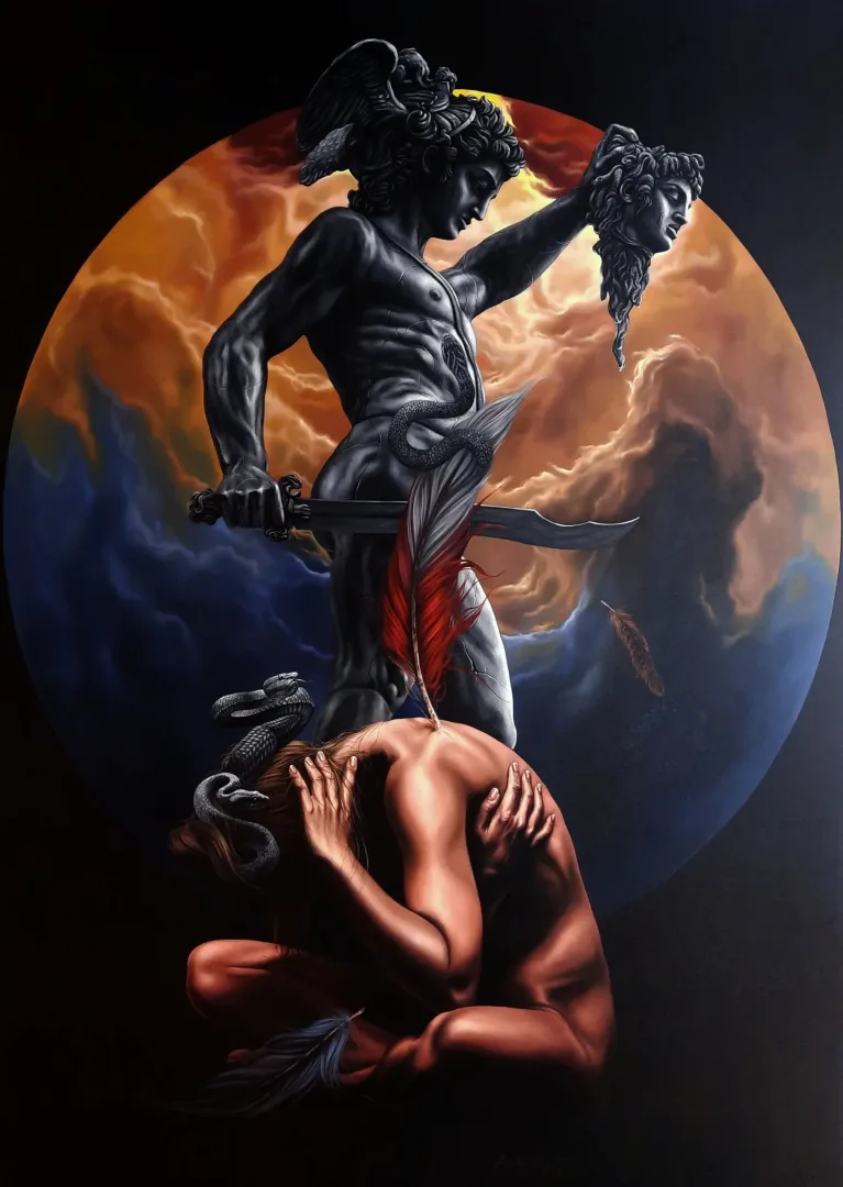 yakınlaştır "Medusa( Masumiyet )" eseri BEHZAT FEYZULLAH tarafından 2021 yılında 200x140 cm ölçülerinde Tuval üzeri yağlı boya tekniği ile yapılmıştır.