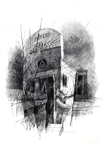 "Villa Illuminati (Eksiklopedi serisi)" eseri COŞKUN SAMİ tarafından 2007 yılında 27x35 cm ölçülerinde Kağıt üzeri mürekkep tekniği ile yapılmıştır.