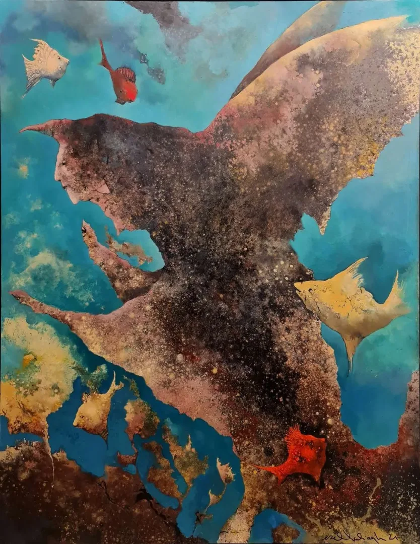 EROL PELİOĞLU — “Deniz kimerası”, 2021 "Deniz kimerası" eseri EROL PELİOĞLU tarafından 2021 yılında 150x120 cm ölçülerinde Tuval üzeri yağlı boya tekniği ile yapılmıştır.