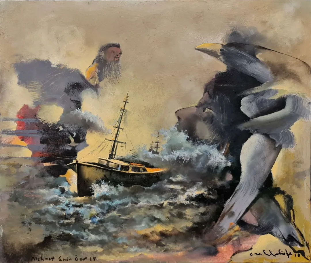 yakınlaştır "Mehmet Emin Özer & Erol Pelioğlu" eseri EROL PELİOĞLU tarafından 2018 yılında 50x60 cm ölçülerinde Tuval üzeri yağlı boya tekniği ile yapılmıştır.