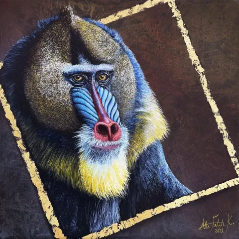 "İlkel Benlik Serisi" eseri ALİ FATİH KÜÇÜKOSMANOĞLU tarafından 2021 yılında 40x40 cm ölçülerinde Tuval üzeri yağlı boya tekniği ile yapılmıştır.