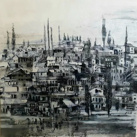 "Köy evi" eseri AYHAN ÇETİN tarafından 2021 yılında 40x40 cm ölçülerinde Tuval üzeri akrilik boya tekniği ile yapılmıştır.