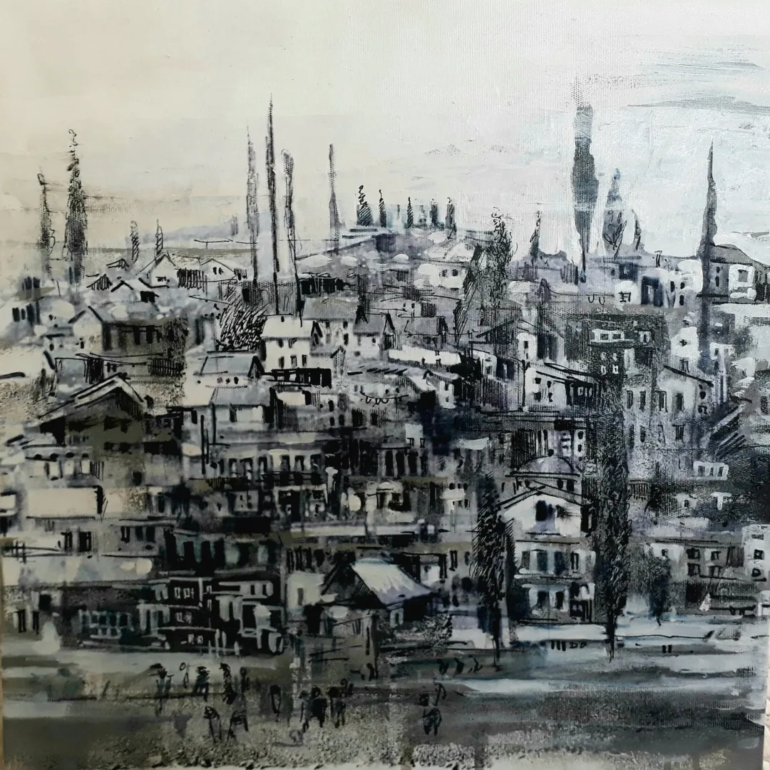 yakınlaştır "Köy evi" eseri AYHAN ÇETİN tarafından 2021 yılında 40x40 cm ölçülerinde Tuval üzeri akrilik boya tekniği ile yapılmıştır.