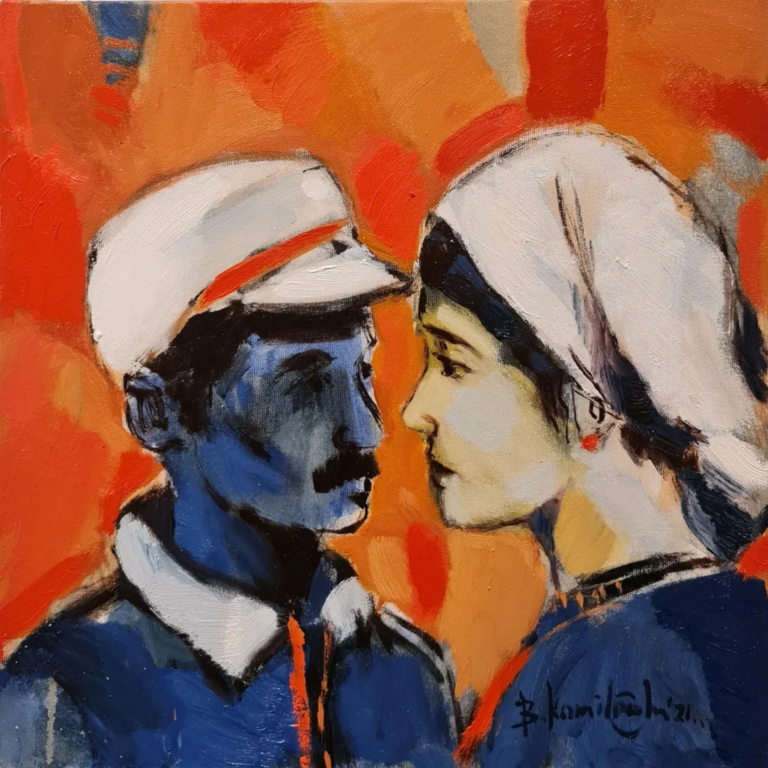 yakınlaştır "Irgat ve eşi" eseri BARAN KAMİLOĞLU tarafından 2021 yılında 40x40 cm ölçülerinde Tuval üzeri yağlı boya tekniği ile yapılmıştır.