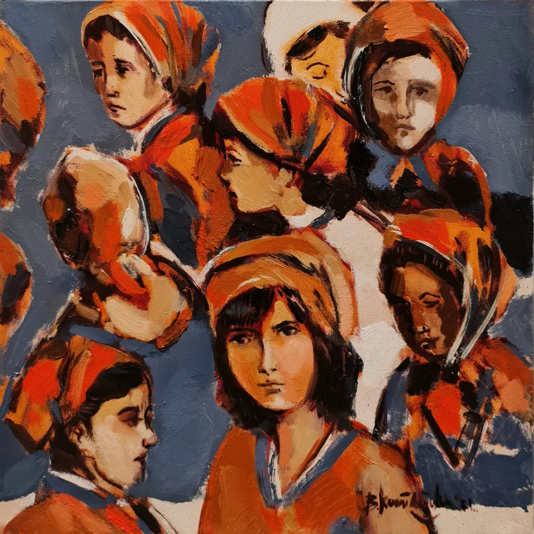 "Kadın ırgatlar" eseri BARAN KAMİLOĞLU tarafından 2021 yılında 40x40 cm ölçülerinde Tuval üzeri yağlı boya tekniği ile yapılmıştır.
