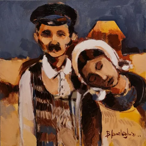 "Hamal ve eşi" eseri BARAN KAMİLOĞLU tarafından 2021 yılında 40x40 cm ölçülerinde Tuval üzeri yağlı boya tekniği ile yapılmıştır.